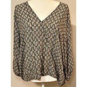 EDDIE BAUER Green Faux Wrap V-neck Geometric Leaf Print Balloon 3/4 Sleeve 2XL